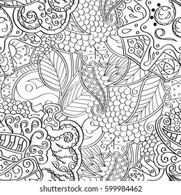 Tracery seamless calming pattern. Mehndi design. Ethnic monochrome binary doodle texture. Curved doodling black and white background. Vector.