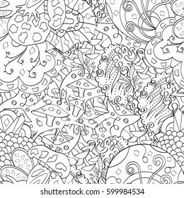 Tracery seamless calming pattern. Mehndi design. Ethnic monochrome binary doodle texture. Curved doodling black and white background. Vector.