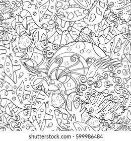 Tracery seamless calming pattern. Mehndi design. Ethnic monochrome binary doodle texture. Curved doodling black and white background. Vector.