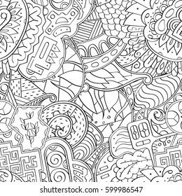 Tracery seamless calming pattern. Mehndi design. Ethnic monochrome binary doodle texture. Curved doodling black and white background. Vector.