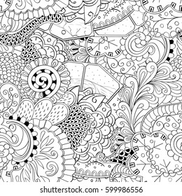 Tracery seamless calming pattern. Mehndi design. Ethnic monochrome binary doodle texture. Curved doodling black and white background. Vector.
