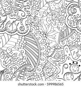 Tracery seamless calming pattern. Mehndi design. Ethnic monochrome binary doodle texture. Curved doodling black and white background. Vector.