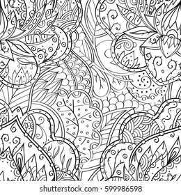 Tracery seamless calming pattern. Mehndi design. Ethnic monochrome binary doodle texture. Curved doodling black and white background. Vector.