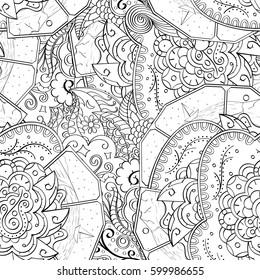 Tracery seamless calming pattern. Mehndi design. Ethnic monochrome binary doodle texture. Curved doodling black and white background. Vector.