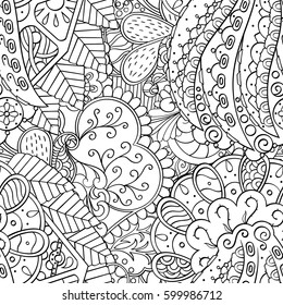 Tracery seamless calming pattern. Mehndi design. Ethnic monochrome binary doodle texture. Curved doodling black and white background. Vector.