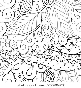 Tracery seamless calming pattern. Mehndi design. Ethnic monochrome binary doodle texture. Curved doodling black and white background. Vector.