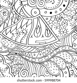 Tracery seamless calming pattern. Mehndi design. Ethnic monochrome binary doodle texture. Curved doodling black and white background. Vector.