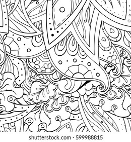 Tracery seamless calming pattern. Mehndi design. Ethnic monochrome binary doodle texture. Curved doodling black and white background. Vector.