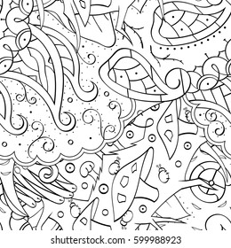 Tracery seamless calming pattern. Mehndi design. Ethnic monochrome binary doodle texture. Curved doodling black and white background. Vector.