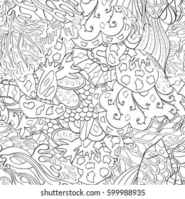 Tracery seamless calming pattern. Mehndi design. Ethnic monochrome binary doodle texture. Curved doodling black and white background. Vector.