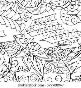 Tracery seamless calming pattern. Mehndi design. Ethnic monochrome binary doodle texture. Curved doodling black and white background. Vector.