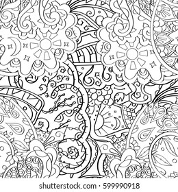 Tracery seamless calming pattern. Mehndi design. Ethnic monochrome binary doodle texture. Curved doodling black and white background. Vector.