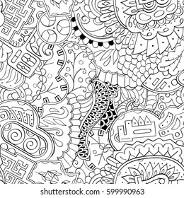 Tracery seamless calming pattern. Mehndi design. Ethnic monochrome binary doodle texture. Curved doodling black and white background. Vector.