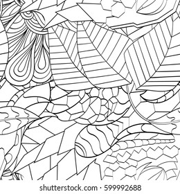 Tracery seamless calming pattern. Mehndi design. Ethnic monochrome binary doodle texture. Curved doodling black and white background. Vector.