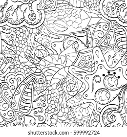 Tracery seamless calming pattern. Mehndi design. Ethnic monochrome binary doodle texture. Curved doodling black and white background. Vector.