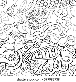 Tracery seamless calming pattern. Mehndi design. Ethnic monochrome binary doodle texture. Curved doodling black and white background. Vector.