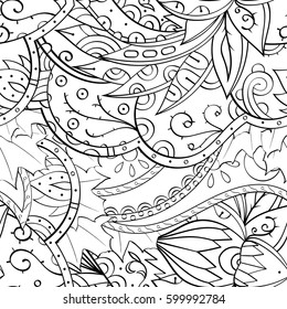 Tracery seamless calming pattern. Mehndi design. Ethnic monochrome binary doodle texture. Curved doodling black and white background. Vector.