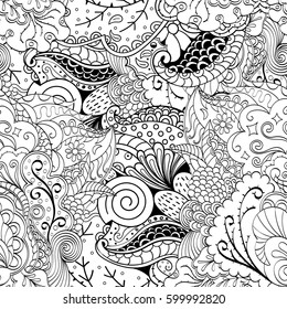 Tracery seamless calming pattern. Mehndi design. Ethnic monochrome binary doodle texture. Curved doodling black and white background. Vector.