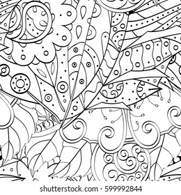 Tracery seamless calming pattern. Mehndi design. Ethnic monochrome binary doodle texture. Curved doodling black and white background. Vector.