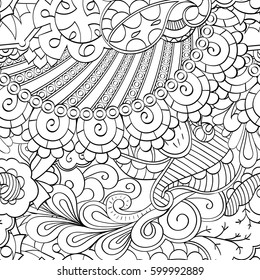 Tracery seamless calming pattern. Mehndi design. Ethnic monochrome binary doodle texture. Curved doodling black and white background. Vector.
