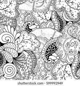 Tracery seamless calming pattern. Mehndi design. Ethnic monochrome binary doodle texture. Curved doodling black and white background. Vector.