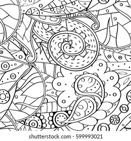 Tracery seamless calming pattern. Mehndi design. Ethnic monochrome binary doodle texture. Curved doodling black and white background. Vector.