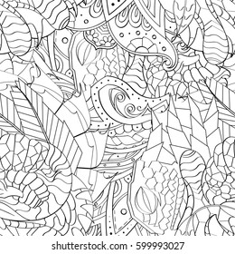 Tracery seamless calming pattern. Mehndi design. Ethnic monochrome binary doodle texture. Curved doodling black and white background. Vector.