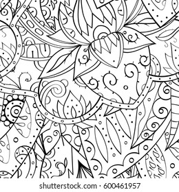 Tracery seamless calming pattern. Mehndi design. Ethnic monochrome binary doodle texture. Curved doodling black and white background. Vector.