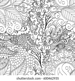 Tracery seamless calming pattern. Mehndi design. Ethnic monochrome binary doodle texture. Curved doodling black and white background. Vector.