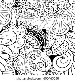 Tracery seamless calming pattern. Mehndi design. Ethnic monochrome binary doodle texture. Curved doodling black and white background. Vector.