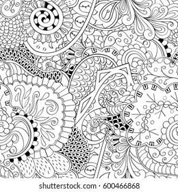 Tracery seamless calming pattern. Mehndi design. Ethnic monochrome binary doodle texture. Curved doodling black and white background. Vector.