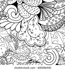 Tracery seamless calming pattern. Mehndi design. Ethnic monochrome binary doodle texture. Curved doodling black and white background. Vector.