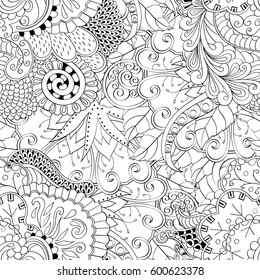 Tracery seamless calming pattern. Mehndi design. Ethnic monochrome binary doodle texture. Curved doodling black and white background. Vector.