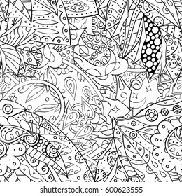 Tracery seamless calming pattern. Mehndi design. Ethnic monochrome binary doodle texture. Curved doodling black and white background. Vector.