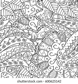 Tracery seamless calming pattern. Mehndi design. Ethnic monochrome binary doodle texture. Curved doodling black and white background. Vector.