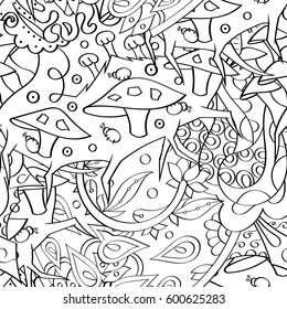 Tracery seamless calming pattern. Mehndi design. Ethnic monochrome binary doodle texture. Curved doodling black and white background. Vector.
