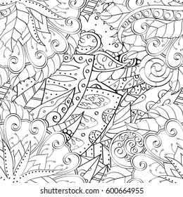 Tracery seamless calming pattern. Mehndi design. Ethnic monochrome binary doodle texture. Curved doodling black and white background. Vector.