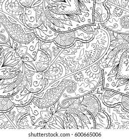 Tracery seamless calming pattern. Mehndi design. Ethnic monochrome binary doodle texture. Curved doodling black and white background. Vector.