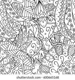 Tracery seamless calming pattern. Mehndi design. Ethnic monochrome binary doodle texture. Curved doodling black and white background. Vector.