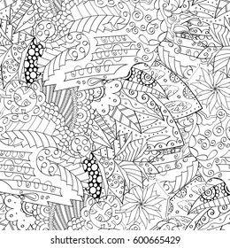 Tracery seamless calming pattern. Mehndi design. Ethnic monochrome binary doodle texture. Curved doodling black and white background. Vector.