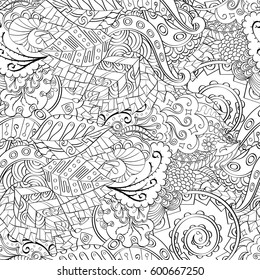 Tracery seamless calming pattern. Mehndi design. Ethnic monochrome binary doodle texture. Curved doodling black and white background. Vector.