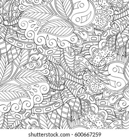 Tracery seamless calming pattern. Mehndi design. Ethnic monochrome binary doodle texture. Curved doodling black and white background. Vector.