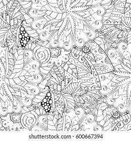 Tracery seamless calming pattern. Mehndi design. Ethnic monochrome binary doodle texture. Curved doodling black and white background. Vector.