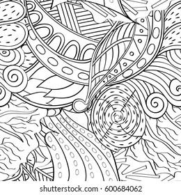 Tracery seamless calming pattern. Mehndi design. Ethnic monochrome binary doodle texture. Curved doodling black and white background. Vector.