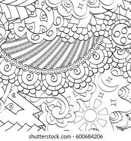 Tracery seamless calming pattern. Mehndi design. Ethnic monochrome binary doodle texture. Curved doodling black and white background. Vector.