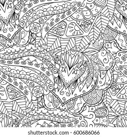 Tracery seamless calming pattern. Mehndi design. Ethnic monochrome binary doodle texture. Curved doodling black and white background. Vector.