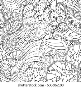 Tracery seamless calming pattern. Mehndi design. Ethnic monochrome binary doodle texture. Curved doodling black and white background. Vector.