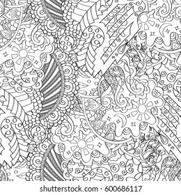 Tracery seamless calming pattern. Mehndi design. Ethnic monochrome binary doodle texture. Curved doodling black and white background. Vector.