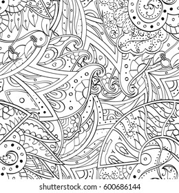 Tracery seamless calming pattern. Mehndi design. Ethnic monochrome binary doodle texture. Curved doodling black and white background. Vector.