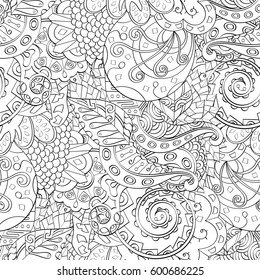 Tracery seamless calming pattern. Mehndi design. Ethnic monochrome binary doodle texture. Curved doodling black and white background. Vector.